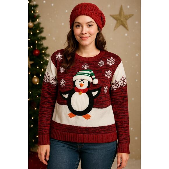 Cozy Penguin Christmas Sweater Red White Snowflake Knit United States Sweaters M - Picture 1 of 6